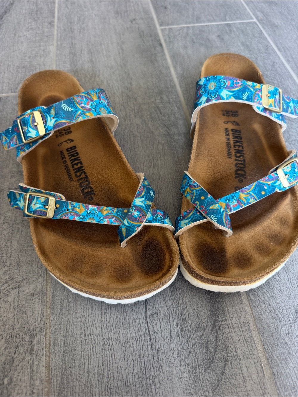Birkenstock women’s Teal Floral Two-Strap Sandals